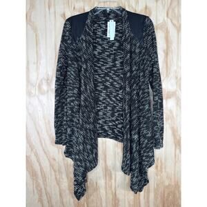 Aqua NWT Crochet Knit Cardigan Small Black White Faux Leather Shoulder Trim